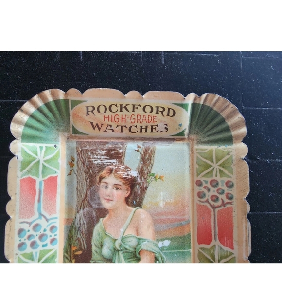 Antique Rockford Watch Co Advertising  Litho Tin Tip Tray Sidney NY A E WARREN - Picture 3 of 4